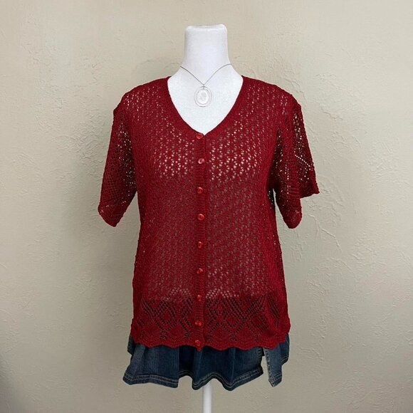 vintage 90s red girly downtown it girl netted short sleeve cardigan - Picture 4 of 8